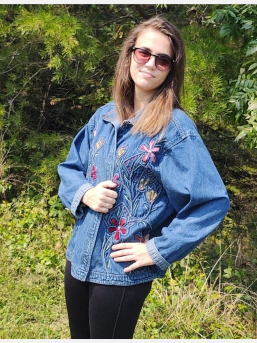 Vintage Sara Studio Textured Floral Denim Jacket Large